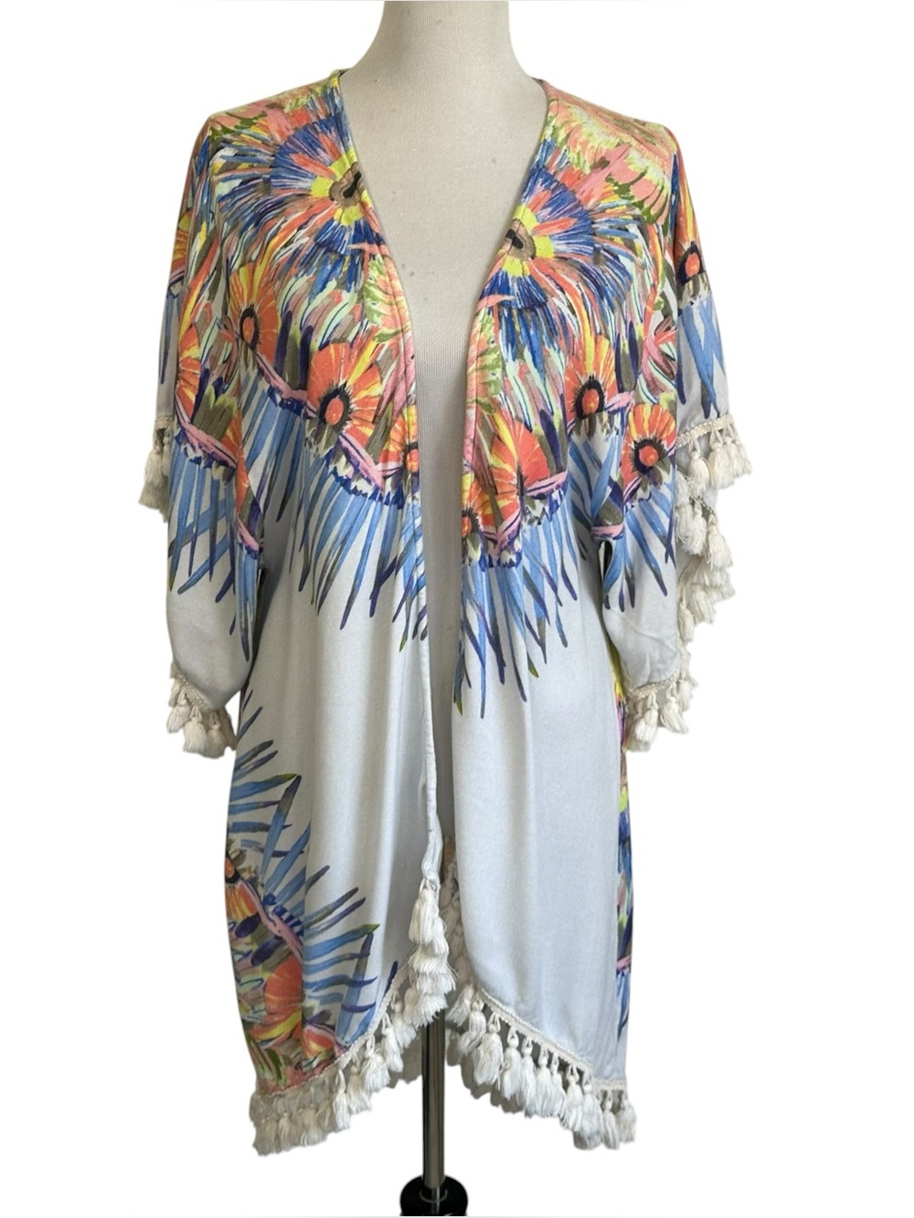 Judith March Womens Printed Kimono Coverup Sz Small Multicolor Tassel Boho